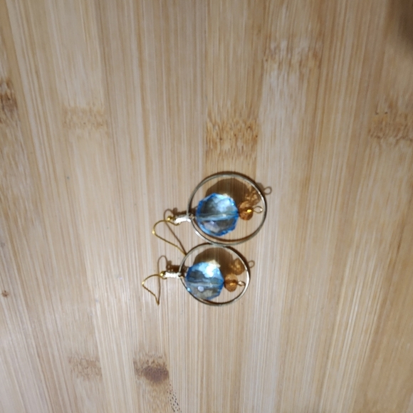 Hand Crafted Earrings Pierced Crystal Beads Turquoise Amber Goldtone - Picture 5 of 5